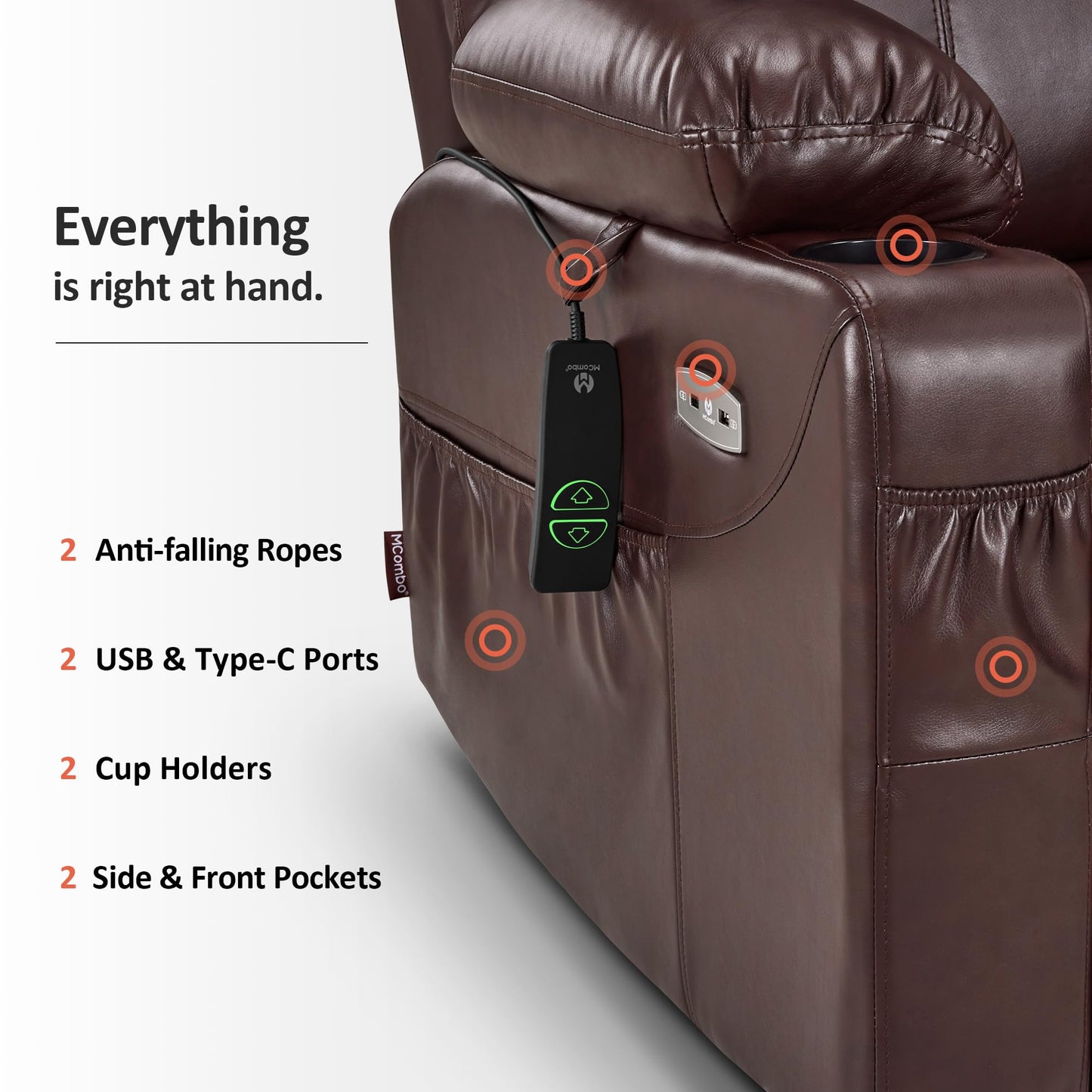 MCombo Electric Lift Recliner with Massage, Heat & USB – Faux Leather Power Chair