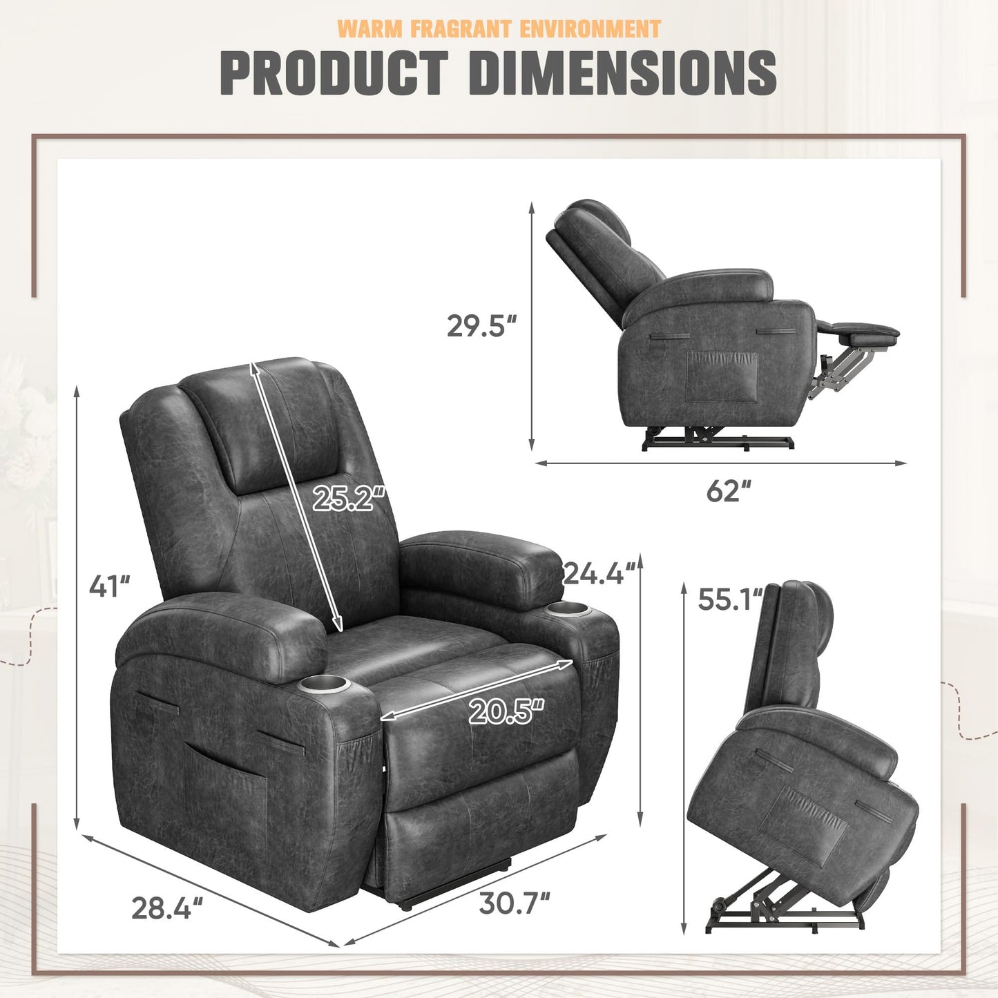 Power Lift Recliner Chair with Vibration Massage, Side Pockets & Cup Holders