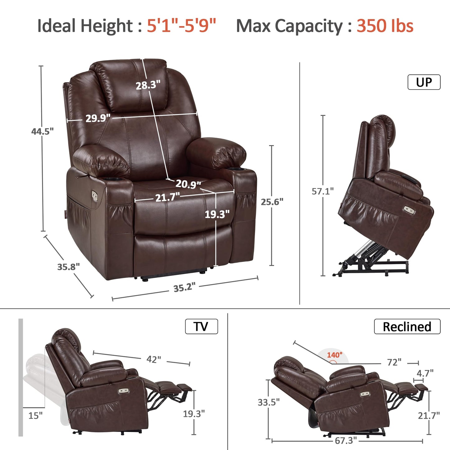 MCombo Electric Lift Recliner with Massage, Heat & USB – Faux Leather Power Chair