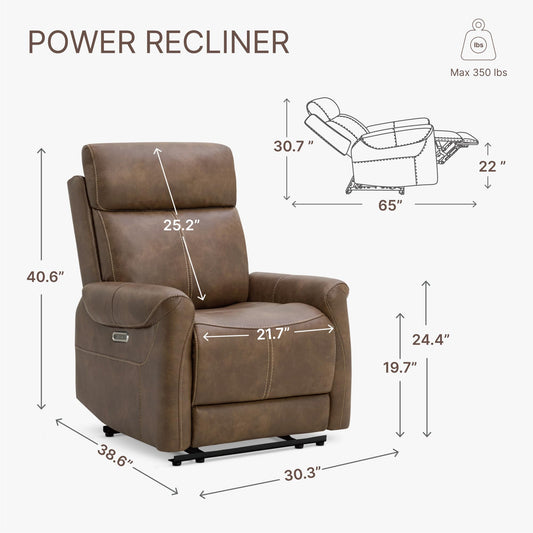 KISLOT Wall Hugger Leather Power Recliner with USB Charging Feature