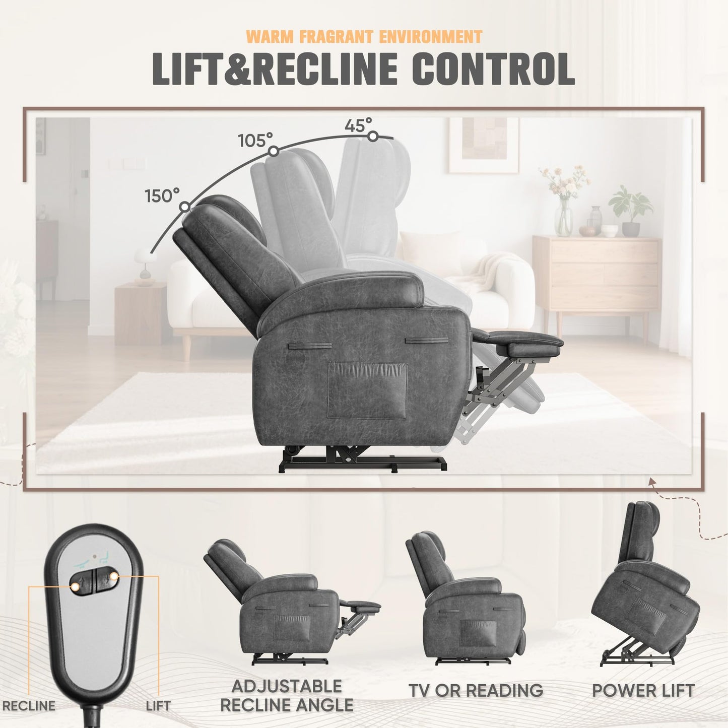 Power Lift Recliner Chair with Vibration Massage, Side Pockets & Cup Holders