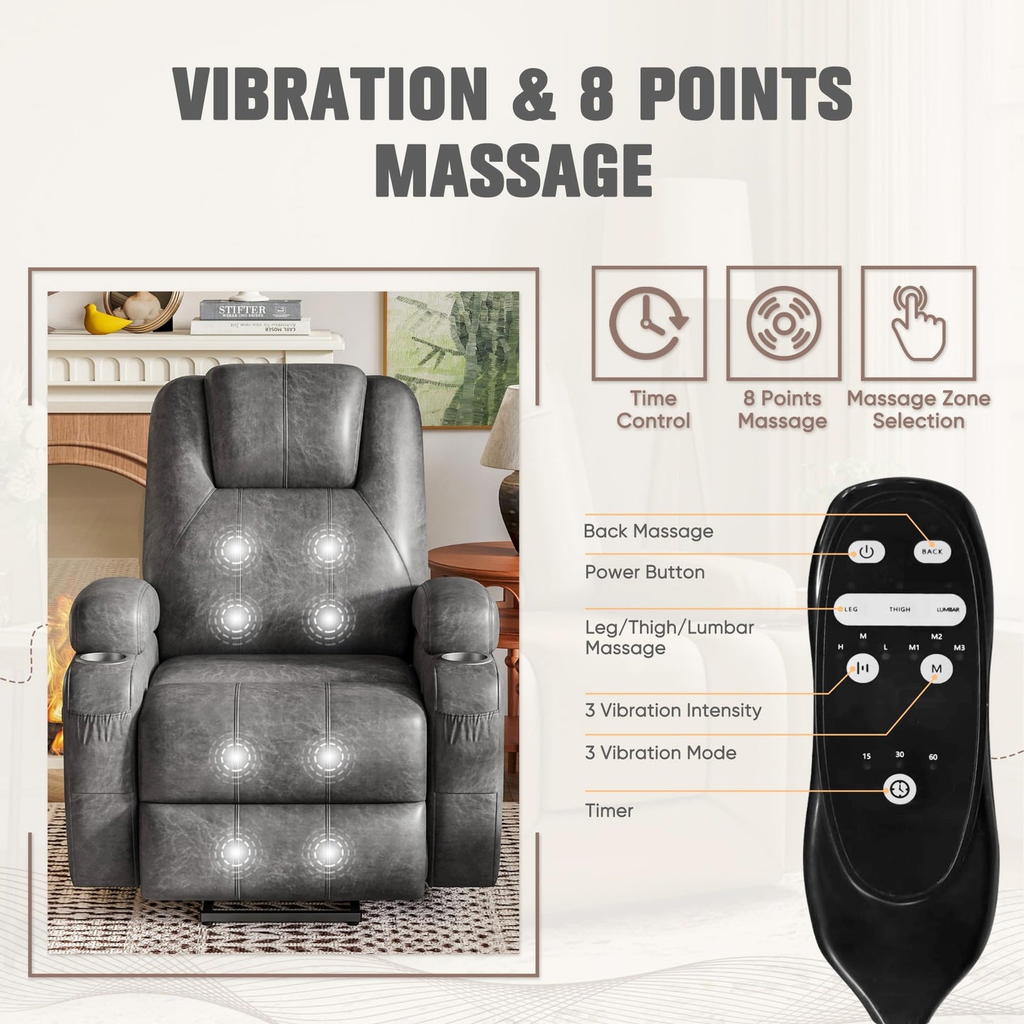 Power Lift Recliner Chair with Vibration Massage, Side Pockets & Cup Holders