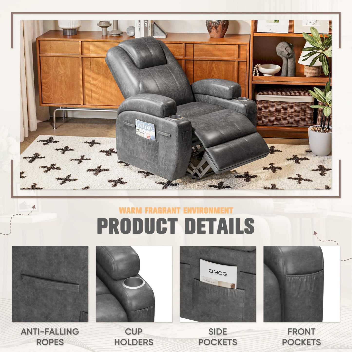 Power Lift Recliner Chair with Vibration Massage, Side Pockets & Cup Holders