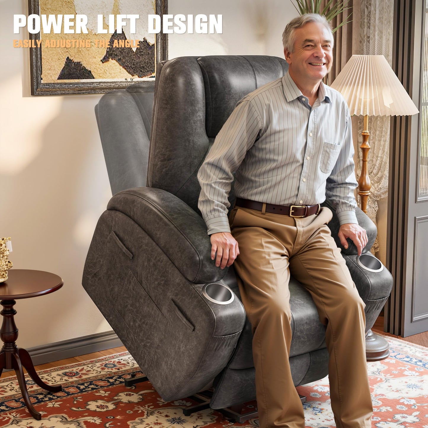Power Lift Recliner Chair with Vibration Massage, Side Pockets & Cup Holders