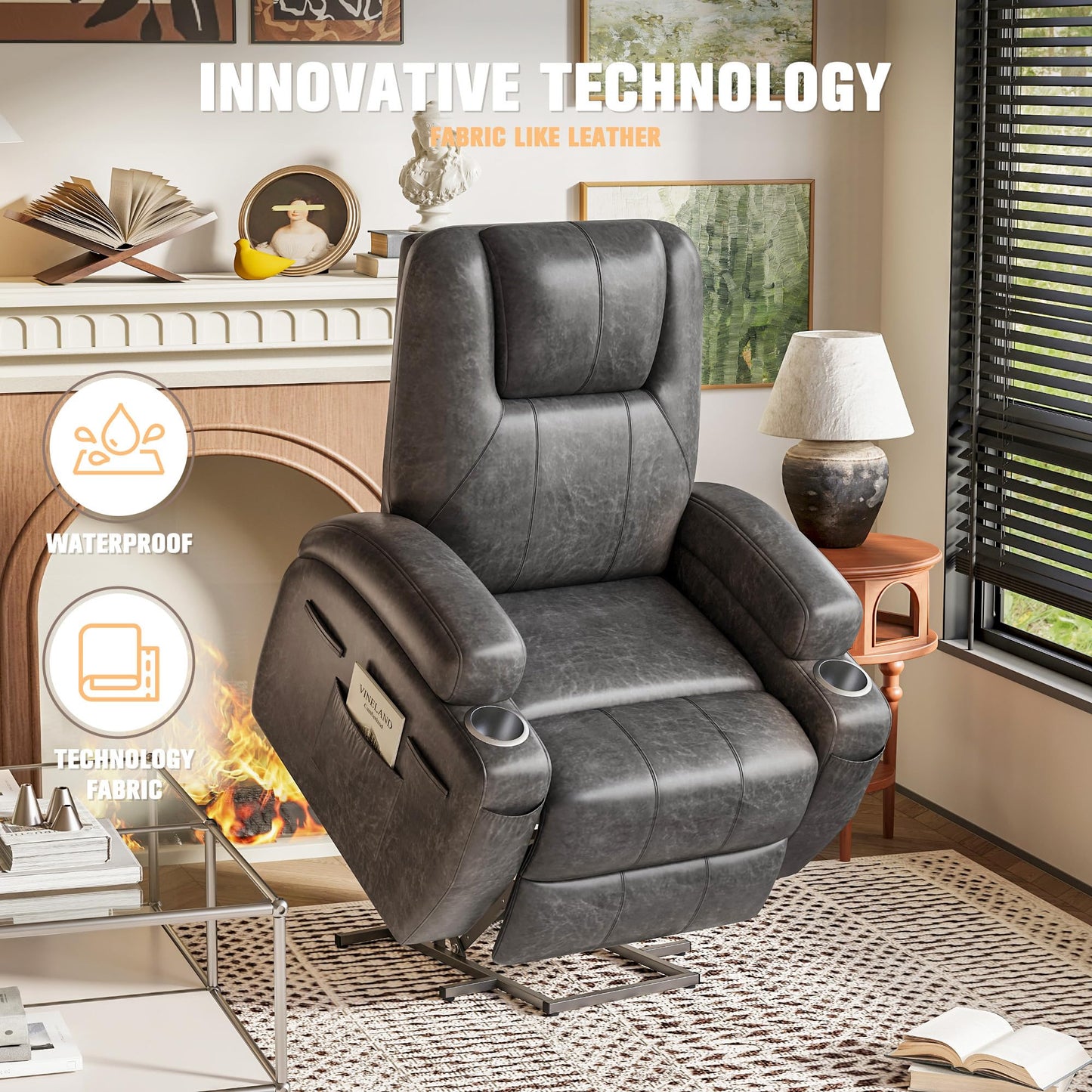 Power Lift Recliner Chair with Vibration Massage, Side Pockets & Cup Holders